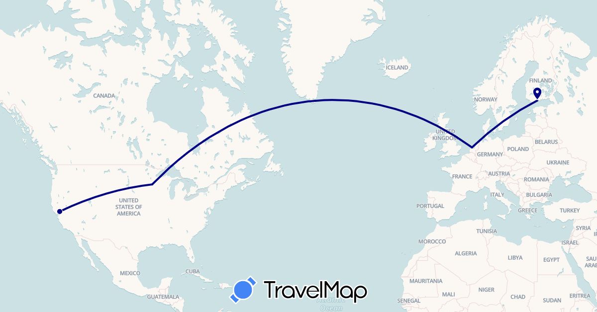 TravelMap itinerary: driving in Finland, Netherlands, United States (Europe, North America)